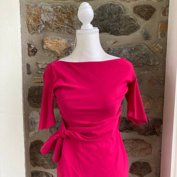CHIARA BONI LA PETITE ROBE Mimmaly Side-Knot Sheath Faux Wrap Dress FUSCHIA $695 - Picture 4 of 12